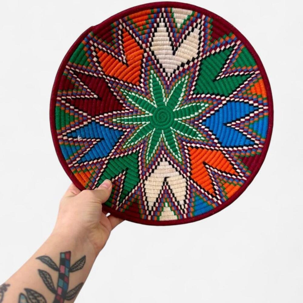 Vintage Hand Woven Colorful African Coiled Basket w/ Wall Hanging Loop 12"